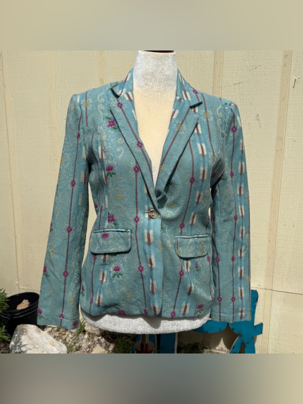 Sundance Blue Jacquard Pattern Print Button Front Blazer Jacket Boho